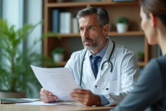 Médecin expliquant clairement un traitement médicamenteux à son patient dans un cabinet médical moderne