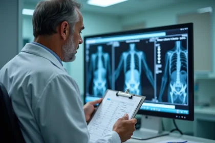 Médecin en blouse blanche examinant un scanner sur un écran