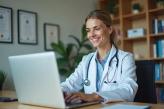 Médecin femme consultant son profil en ligne sur un ordinateur portable dans son cabinet médical moderne