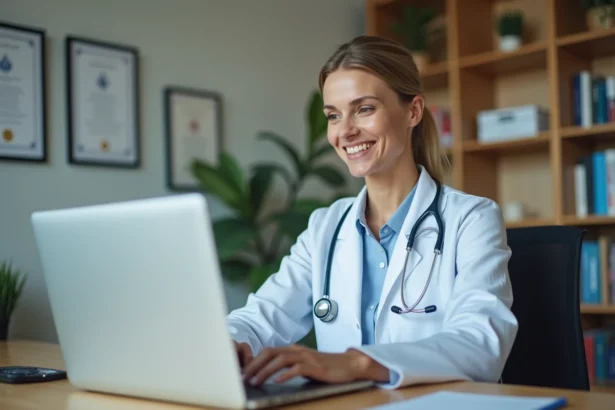 Médecin femme consultant son profil en ligne sur un ordinateur portable dans son cabinet médical moderne