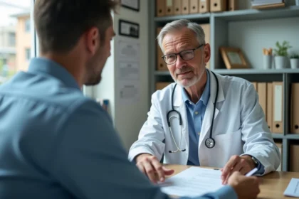 Travailleur et medecin examinent un document dans un cabinet