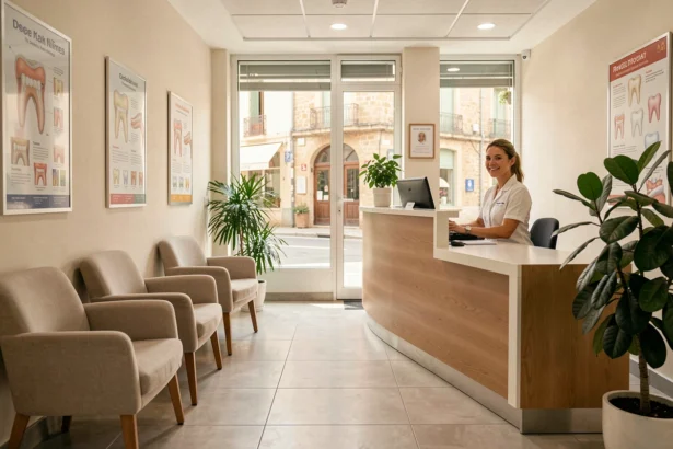 Salle d'attente moderne d'un cabinet dentaire dans le Gard avec une réceptionniste souriante en uniforme blanc