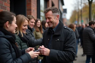Musicien signant des autographes à des fans dans la rue