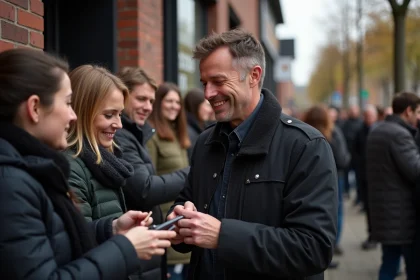 Musicien signant des autographes à des fans dans la rue