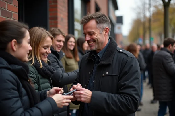 Musicien signant des autographes à des fans dans la rue