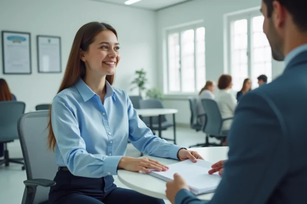 Ergothérapeute débutante en entretien salarial avec un responsable RH dans un bureau hospitalier moderne