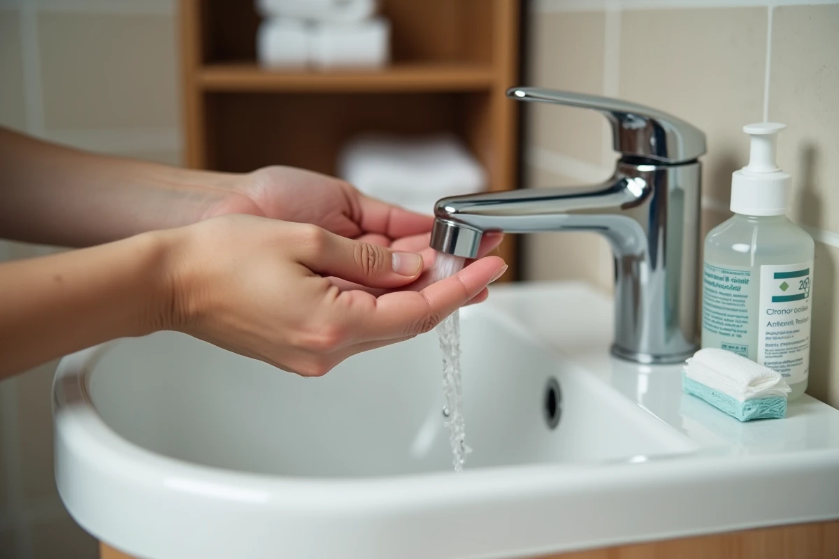 Gros plan de mains rinçant délicatement un doigt blessé sous l'eau courante avec des soins antiseptiques posés sur le lavabo pour prévenir la surinfection