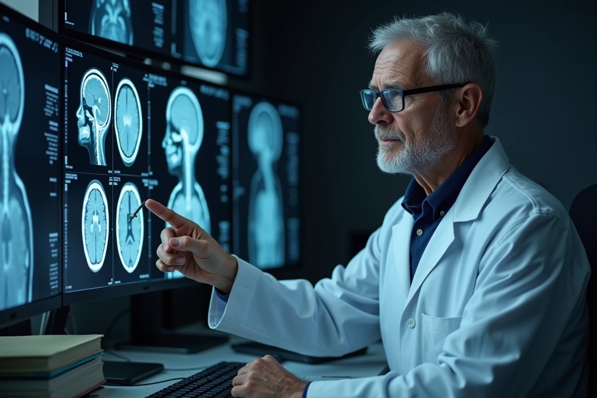 Neurologue analysant une IRM cérébrale pour diagnostiquer des maux de tête et des vertiges