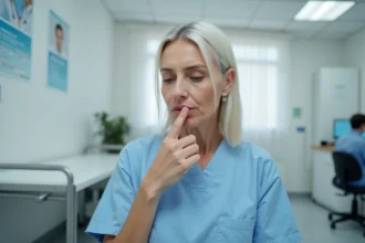 Femme adulte avec un œdème de Quincke de la lèvre inférieure en consultation médicale dans un hôpital français