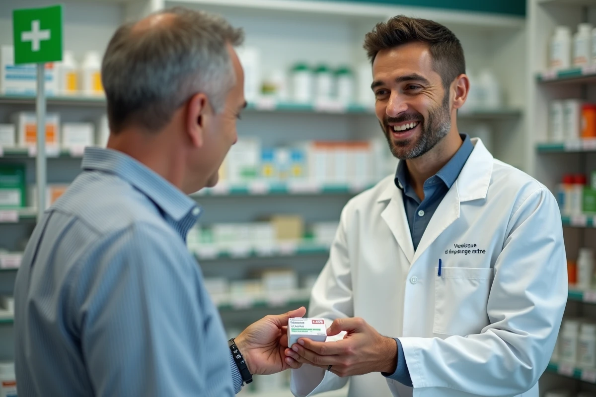 Pharmacien français remettant un traitement contre l'œdème de Quincke à un patient avec une lèvre gonflée