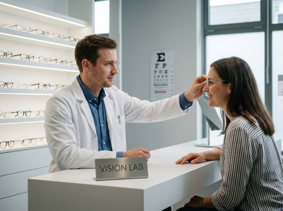 Opticien ajustant des lunettes sur une cliente dans une boutique d'optique moderne et lumineuse