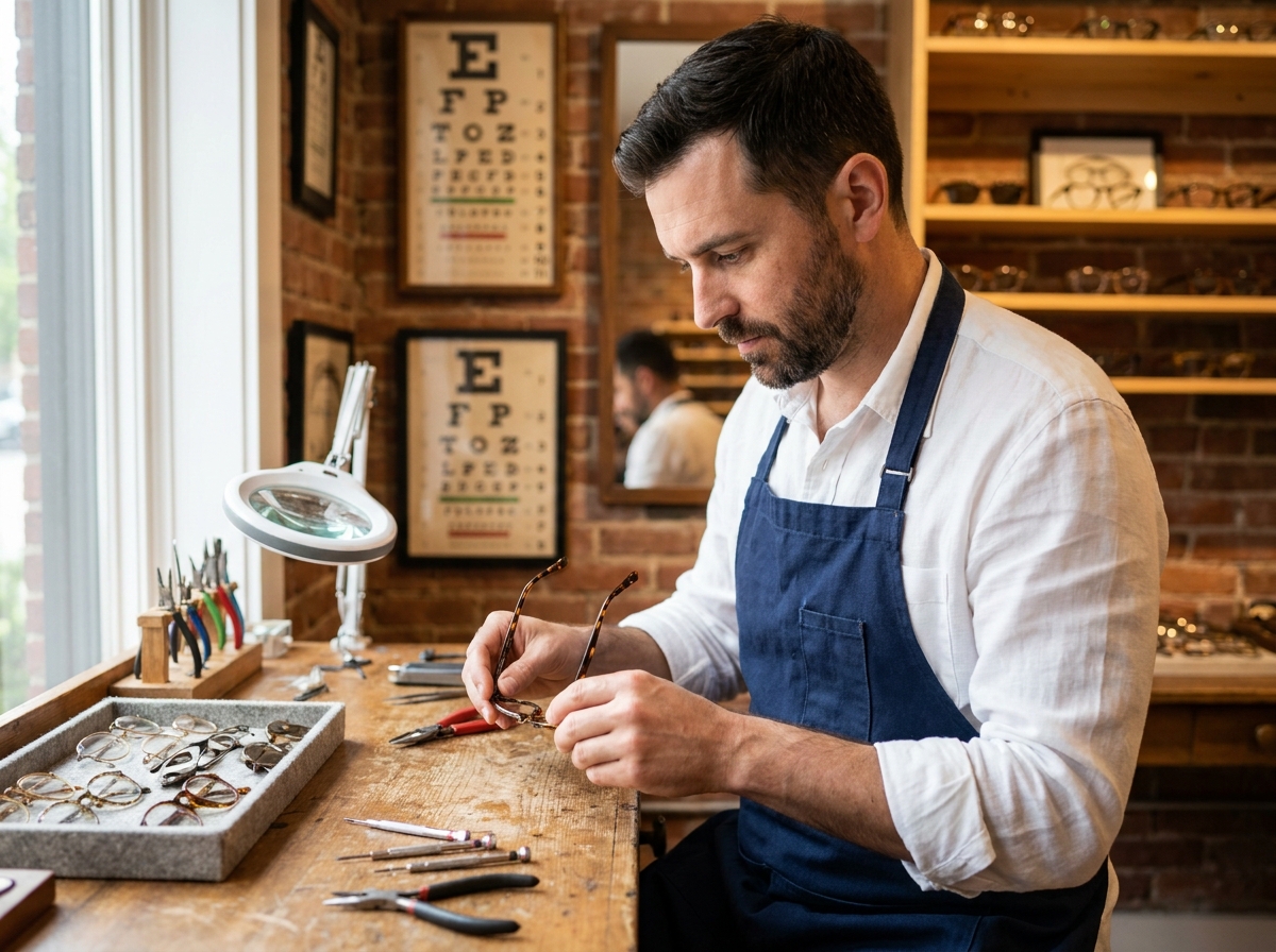 Opticien artisan ajustant des lunettes sur son établi dans une boutique indépendante en centre-ville