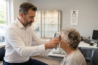 Opticien aidant une femme âgée lors d'un examen oculaire