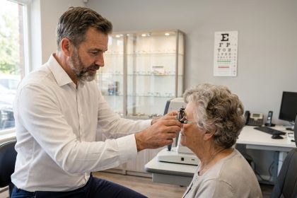 Opticien aidant une femme âgée lors d'un examen oculaire