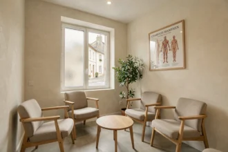 Salle d'attente d'un cabinet d'ostéopathie en Charente-Maritime, ambiance chaleureuse et professionnelle