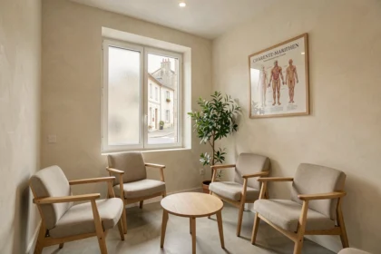 Salle d'attente d'un cabinet d'ostéopathie en Charente-Maritime, ambiance chaleureuse et professionnelle