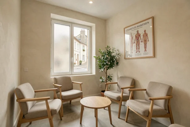 Salle d'attente d'un cabinet d'ostéopathie en Charente-Maritime, ambiance chaleureuse et professionnelle