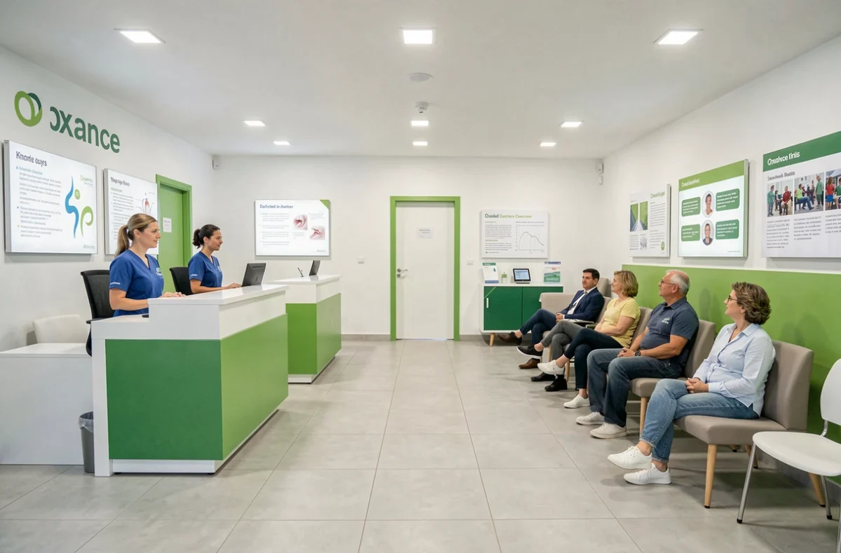 Espace d'accueil moderne du centre médical et dentaire Oxance à Nîmes avec double comptoir de réception