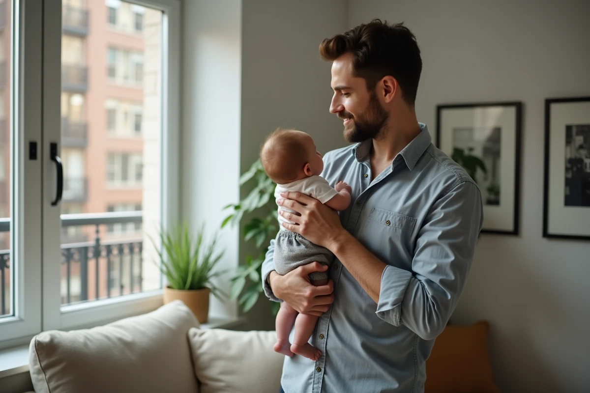 Pere avec sa fille dans un salon lumineux