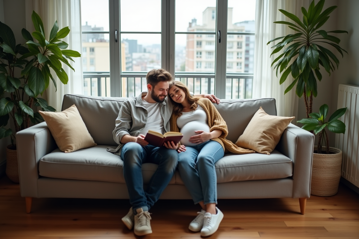 Père lisant un livre à sa partenaire enceinte dans le salon