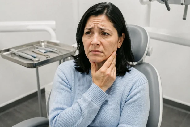 Femme chez le dentiste touchant sa joue avec une expression de préoccupation après un soin dentaire, paresthésie du visage