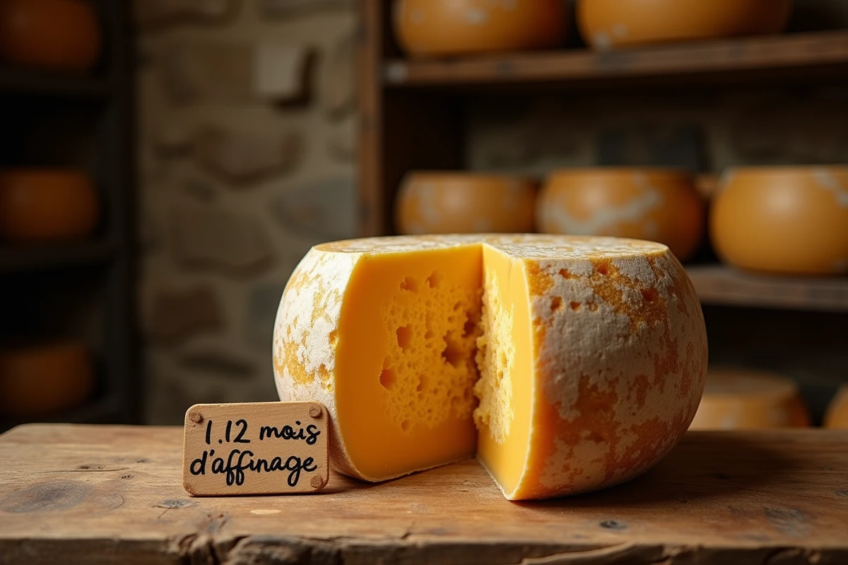 Meule de parmesan à affinage prolongé de 12 mois ouverte sur une table en bois dans une cave à fromages traditionnelle