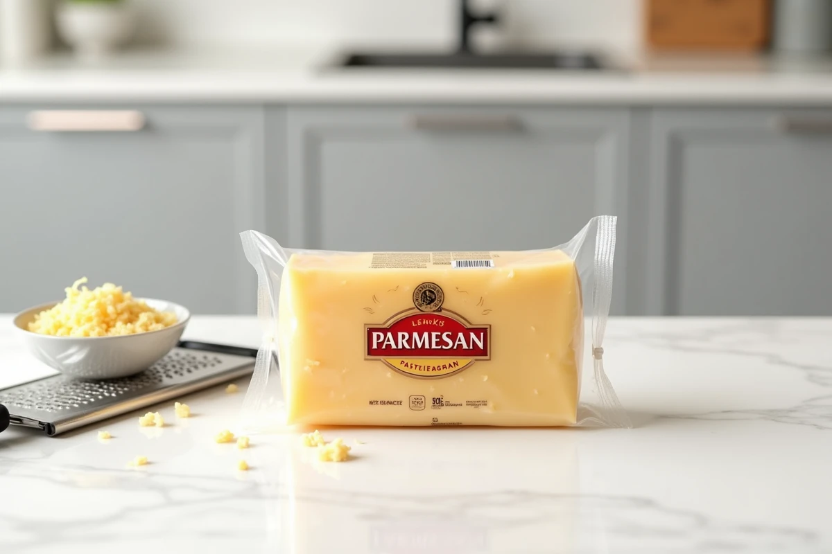 Emballage de parmesan pasteurisé d'une marque reconnue posé sur un plan de travail blanc avec une râpe et du fromage râpé
