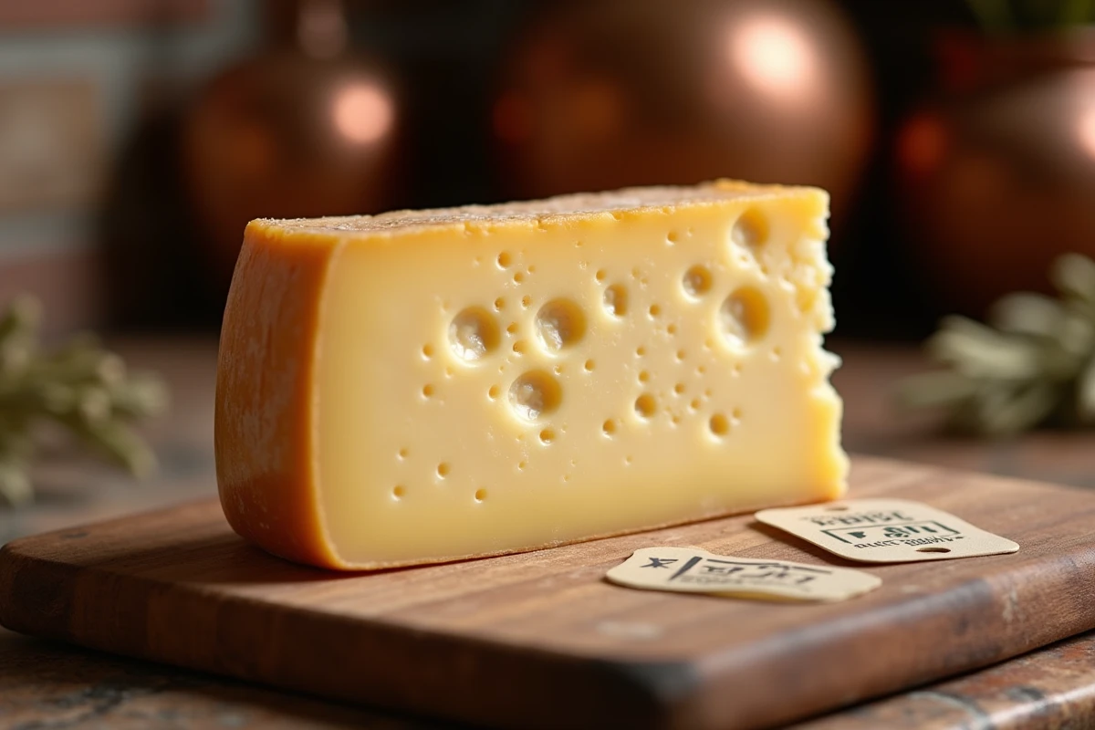 Morceau de Parmigiano Reggiano AOP avec croûte gravée et texture cristalline visible sur une planche en bois rustique
