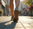 Pieds marchant sur un trottoir urbain ensoleille