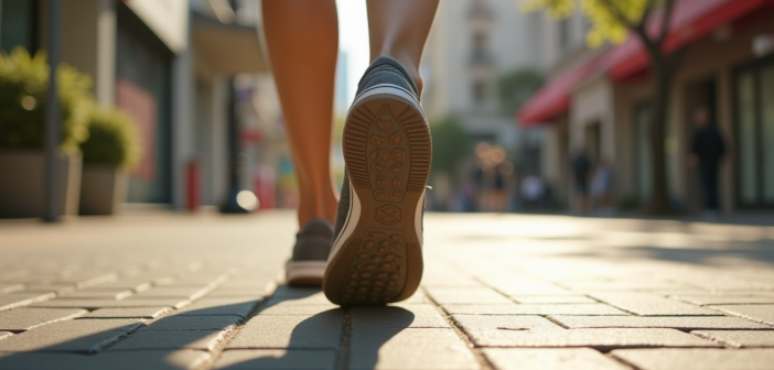 Pieds marchant sur un trottoir urbain ensoleille