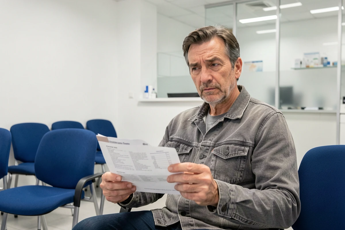 Patient adulte en salle d'attente d'un laboratoire d'analyses médicales tenant une ordonnance pour bilan biologique