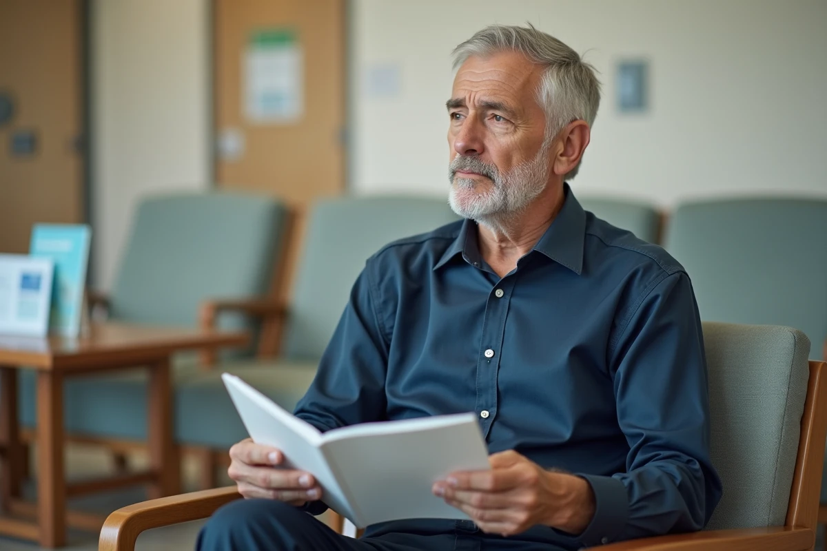 Patient âgé en salle d'attente oncologique tenant une brochure médicale, représentant l'anxiété liée au diagnostic et au traitement du cancer de la mâchoire