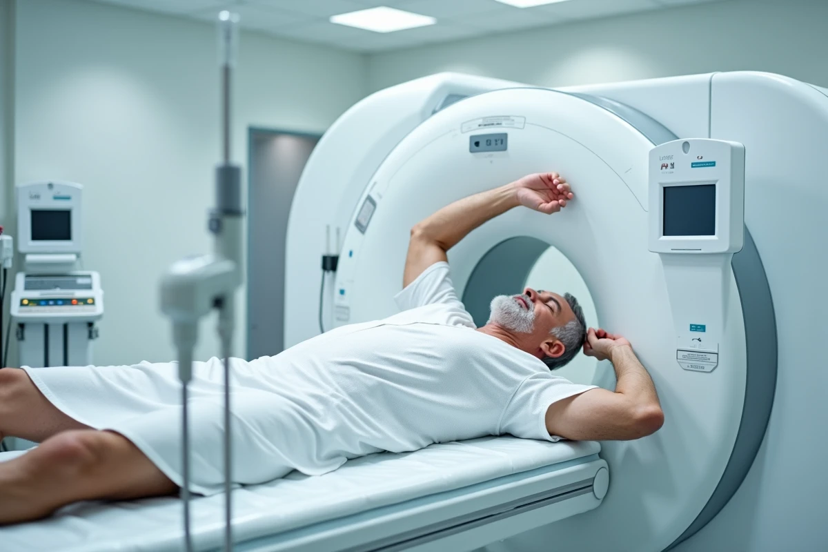 Patient allongé sur une table de scanner CT avec produit de contraste injecté dans un service de radiologie moderne