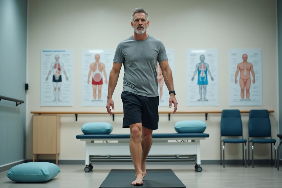 Patient effectuant un test d'équilibre en rééducation vestibulaire pour traiter les vertiges