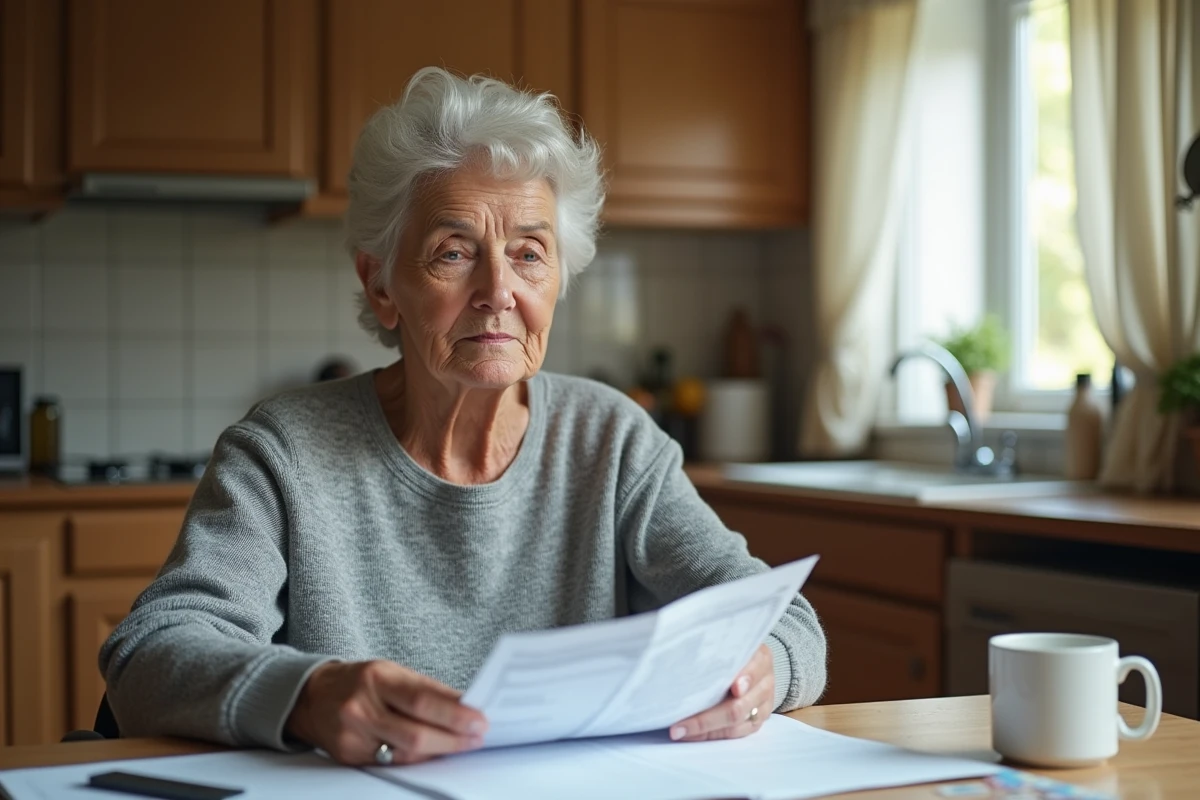 Femme d'âge mûr lisant attentivement une ordonnance médicale et des documents sur un médicament à son domicile