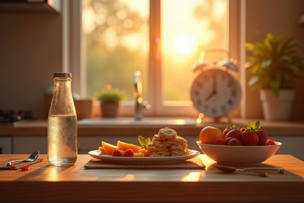Petit déjeuner sain au lever du soleil près d'une fenêtre