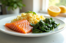 Assiette de petit déjeuner colorée avec saumon et œufs