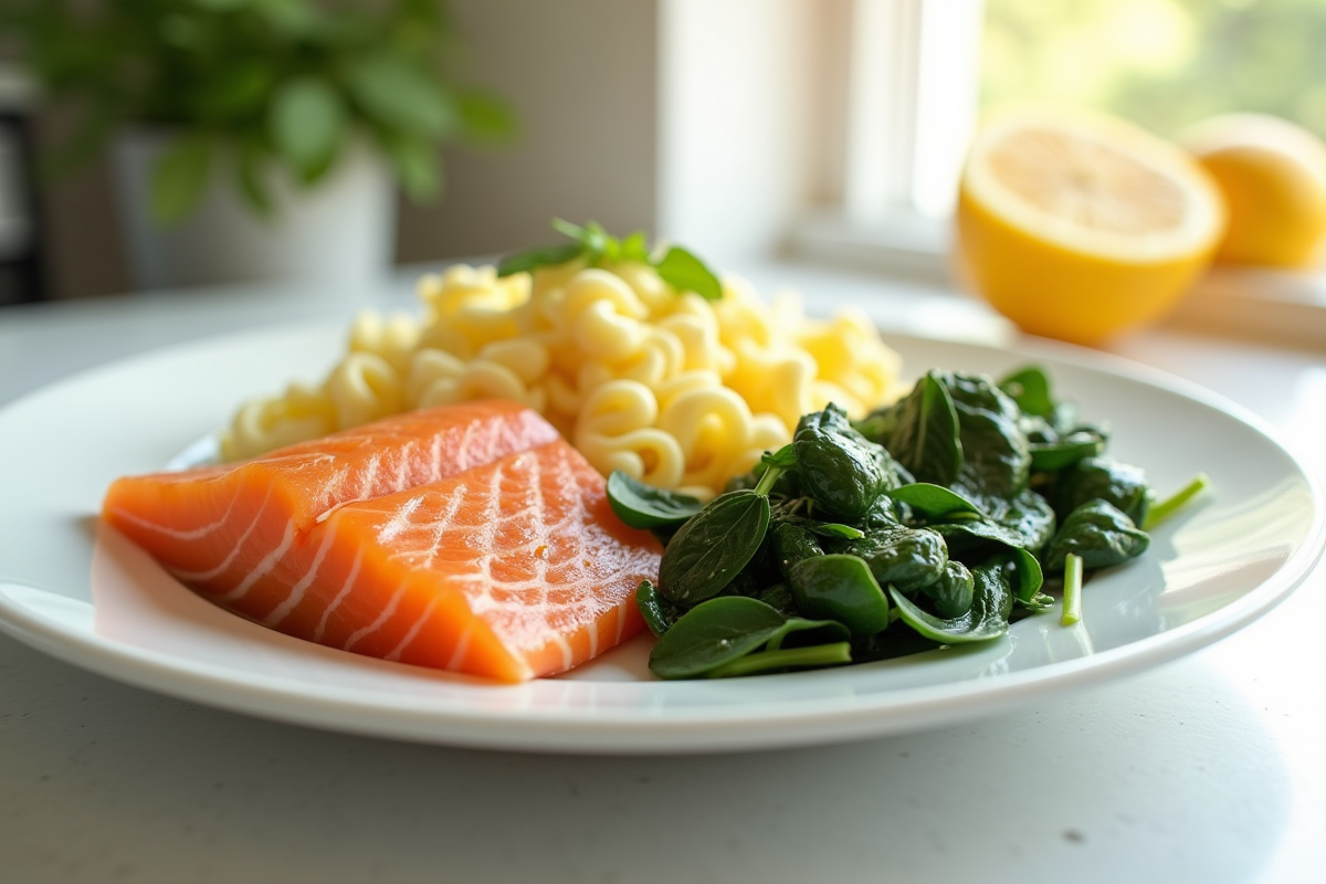 Assiette de petit déjeuner colorée avec saumon et œufs