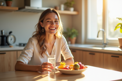 Jeune femme souriante prenant un petit déjeuner sain à la cuisine