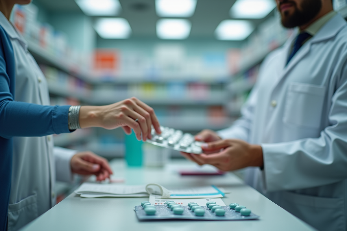 Pharmacien passant un pack de comprimés au client