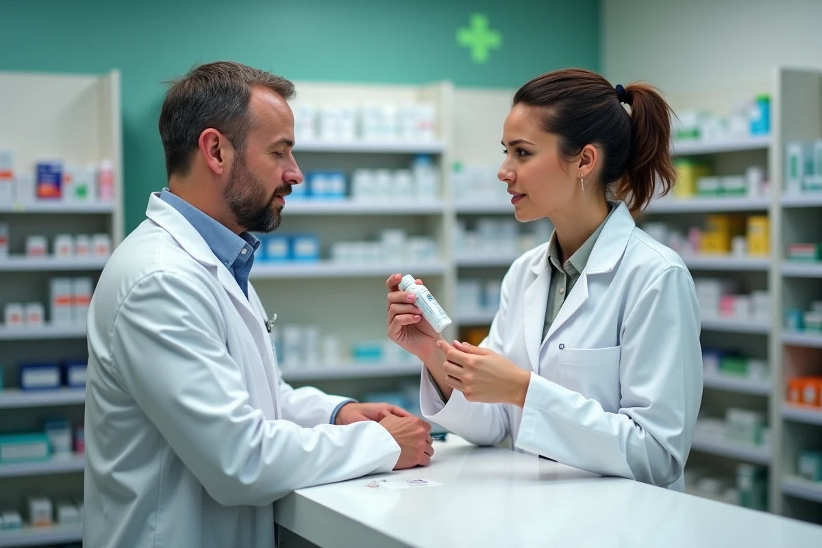 Pharmacienne conseillant un client sur les soins d'hygiène pour éviter la surinfection d'un ongle arraché en officine