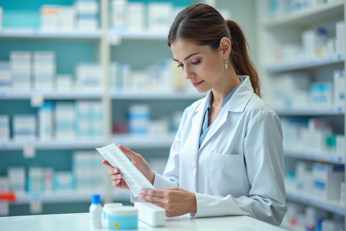 Pharmacienne en blouse blanche lisant la notice d'un médicament derrière un comptoir de pharmacie
