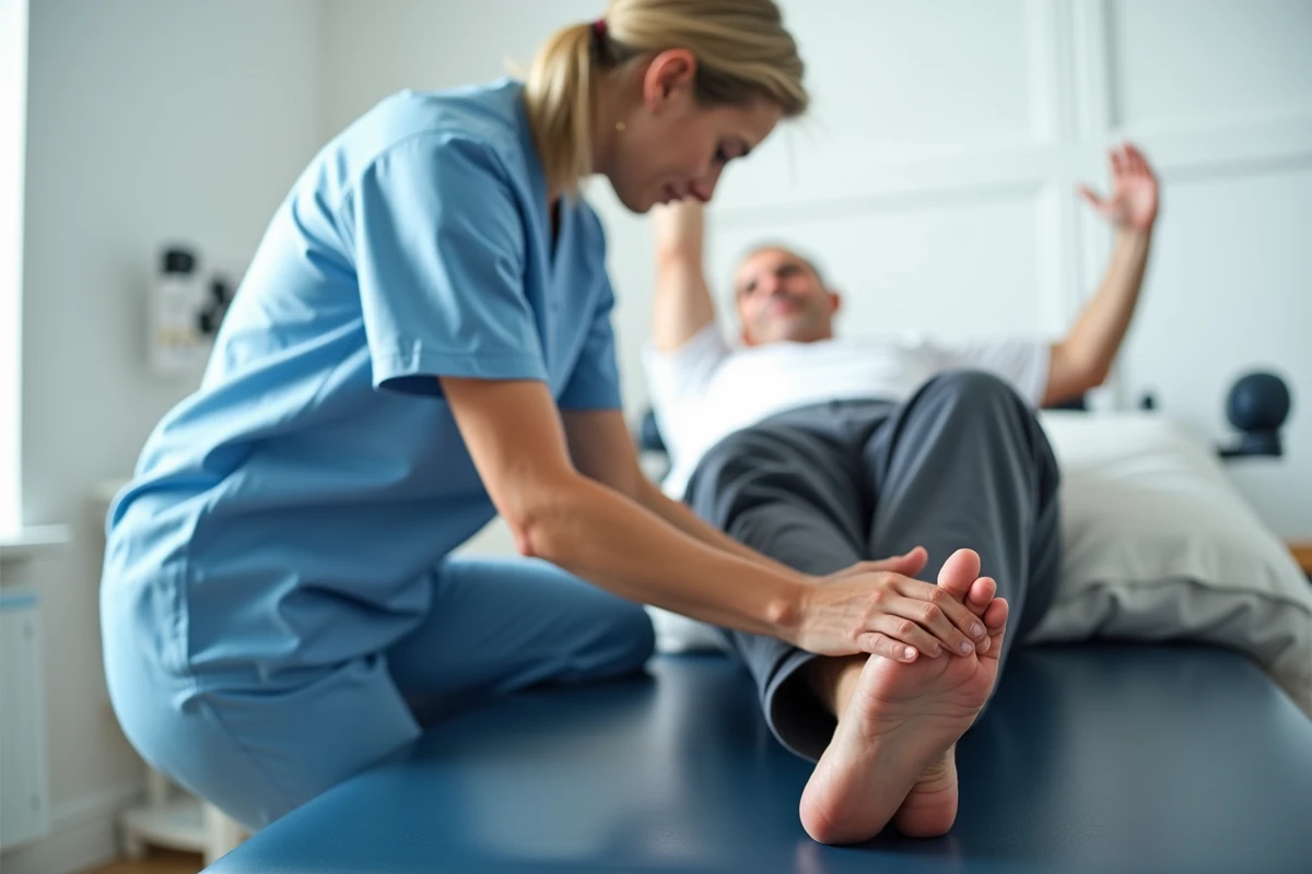 Physiothérapeute examinant le genou d'un patient en cabinet médical pour diagnostiquer une tendinopathie de la patte d'oie