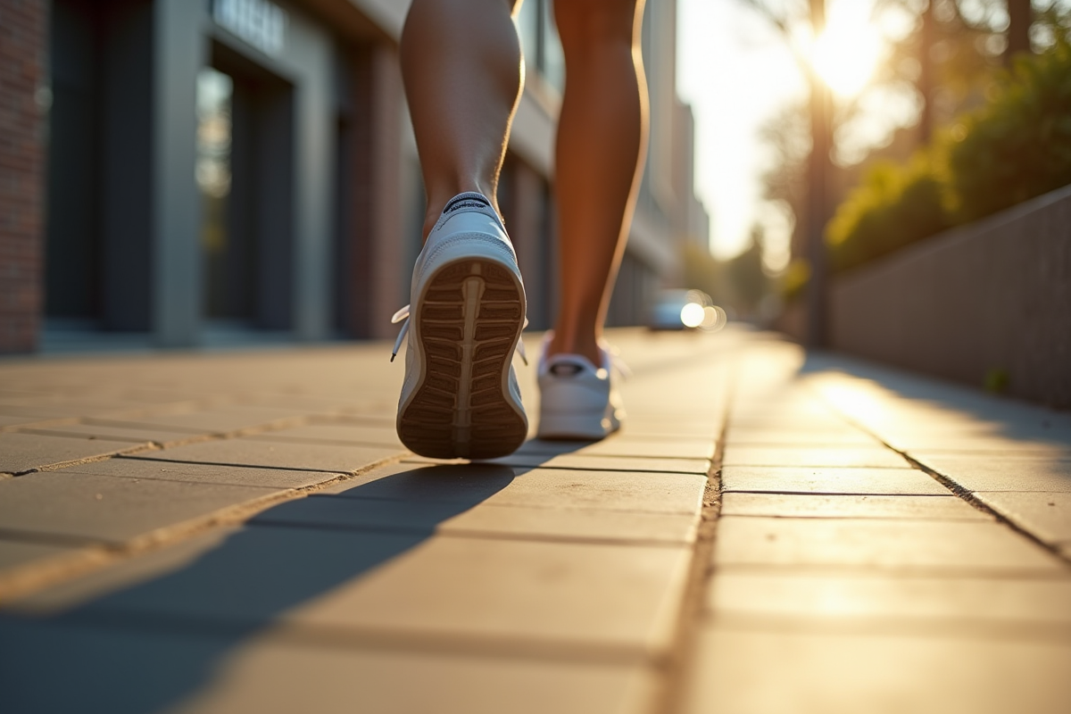 Détails de pieds en sneakers sur trottoir urbain