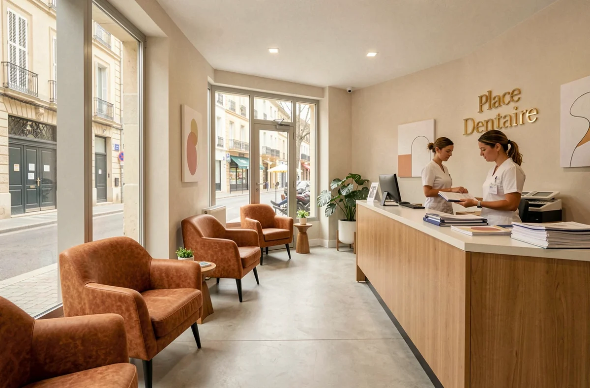 Salle d'attente accueillante de Place Dentaire Nîmes avec mobilier moderne et vue sur la rue