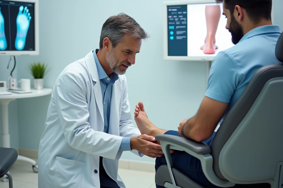 Podologue examinant le talon d'un patient souffrant d'un éperon calcanéen en cabinet spécialisé