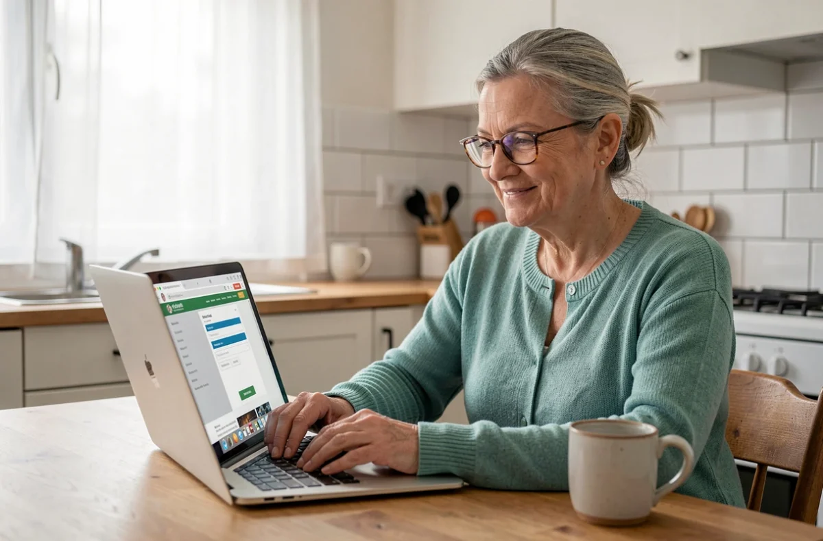 Femme accédant au portail en ligne de mutuelle NoveoCare sur un ordinateur portable dans sa cuisine