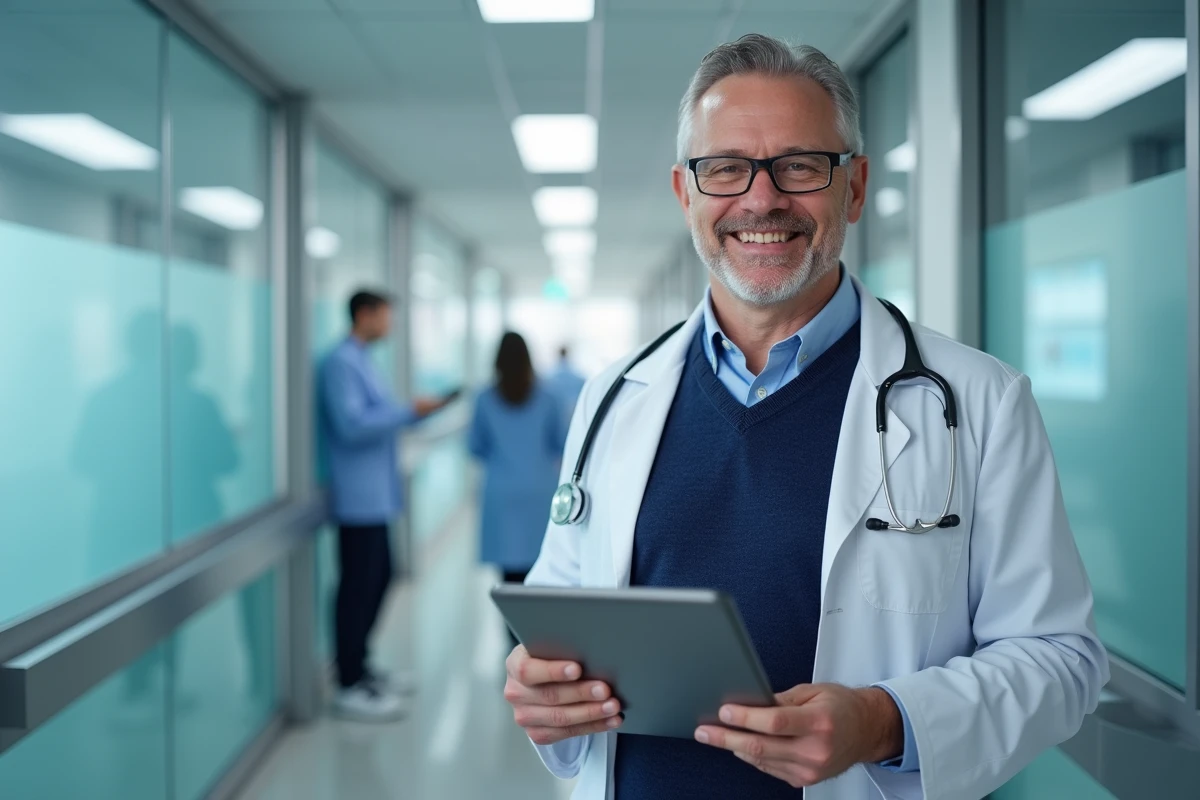 Médecin généraliste tenant une tablette affichant un annuaire de santé dans un couloir d'hôpital