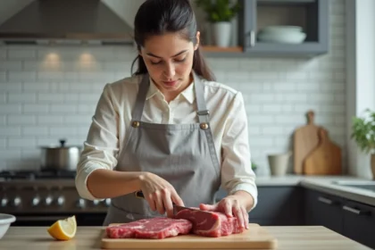 Femme préparant une viande rouge maigre sur une planche en bois dans une cuisine moderne, pour un repas riche en fer
