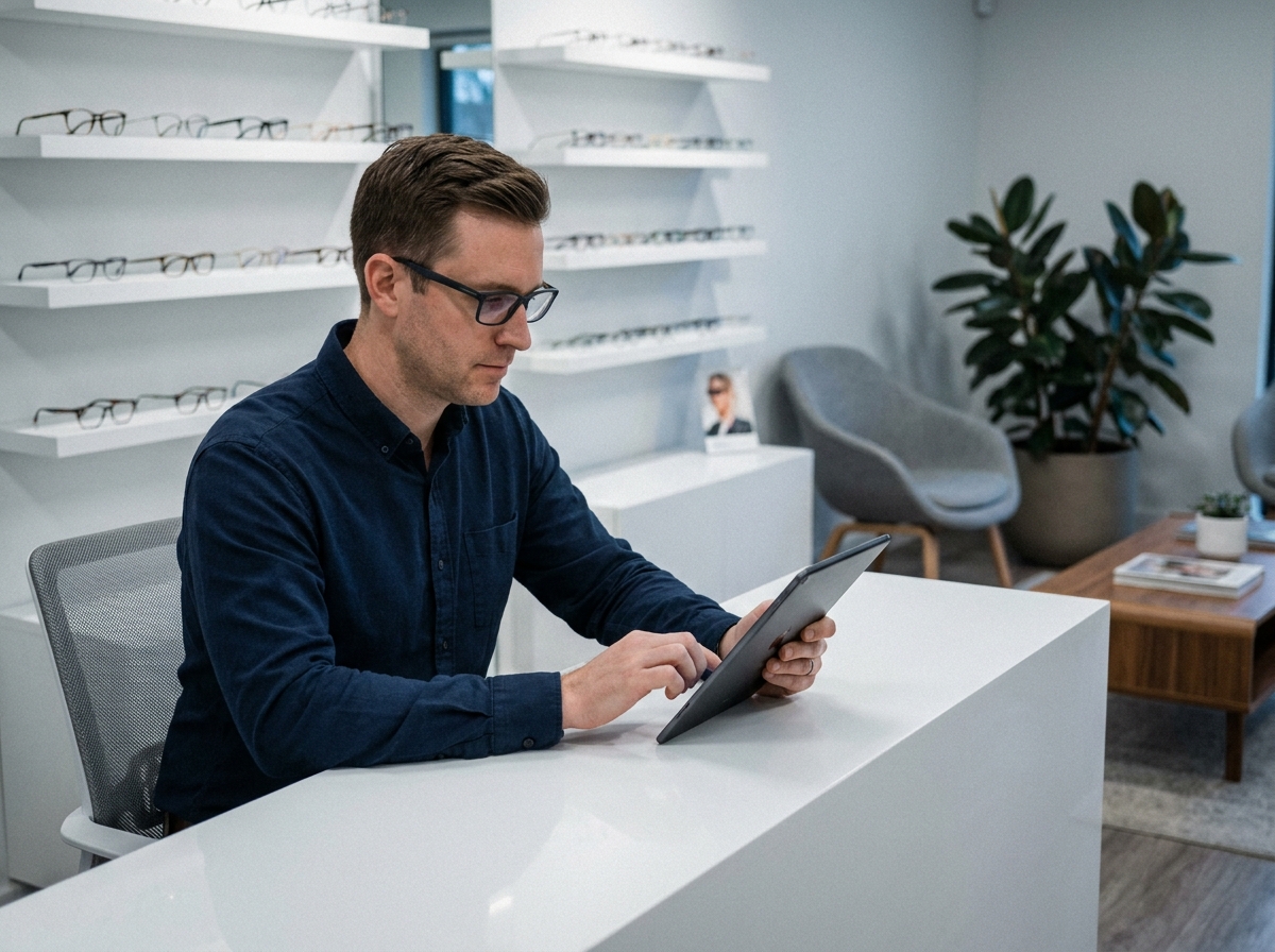 Homme prenant rendez-vous avec un professionnel de la vue dans une clinique optique moderne